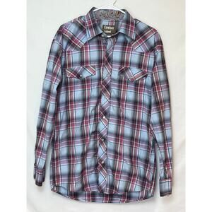 Cowboy Legend Pearl Snap Shirt Men's L Blue Pink Plaid Western Long Sleeve Rodeo